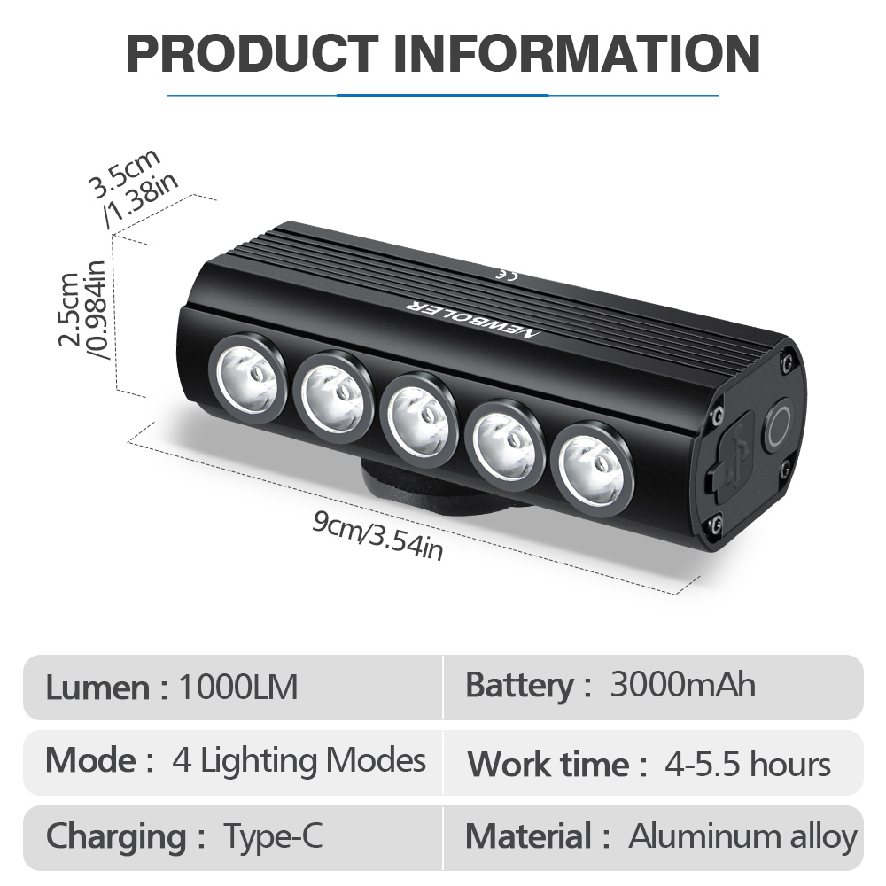 NEWBOLER-luz frontal para bici - Rechargeable Bicycle Headlight 1000 Lumen reseña y precio
